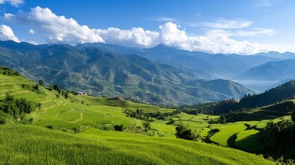 Naklejka premium Breathtaking Scenic View of Lush Green Terraced Rice Fields in the Mountains : Generative AI