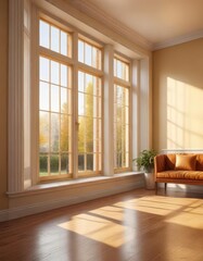 Warm golden light shines through a large window into a bright and airy room,  windows,  illumination