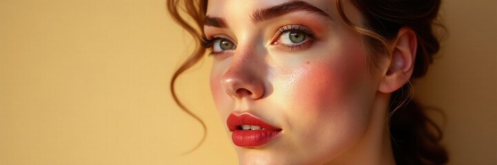 Naklejka premium Beautiful woman with intricate eye design and rosy cheeks on a warm beige setting, intricate design, warm tones