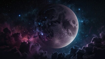 A stunning display of the moon amidst swirling clouds and vibrant cosmic colors showcases the beauty of the night sky filled with stars and nebulae