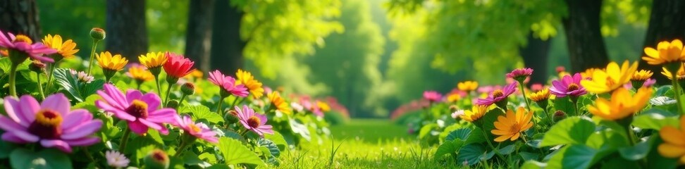 Fototapeta premium Blooming garden in spring with colorful flowers and greenery, garden, floral arrangement