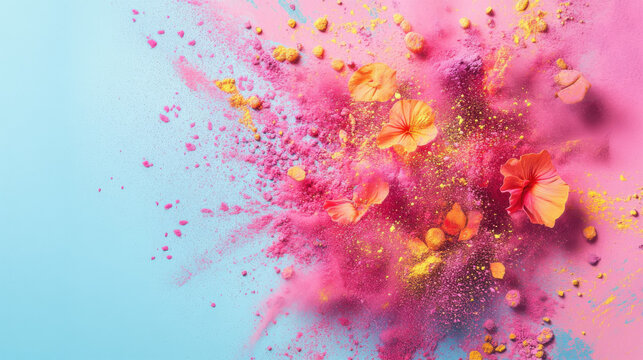 Vibrant pink and yellow powder bursts against a blue background mixed with delicate tropical flowers creating a dynamic and artistic composition with space for text