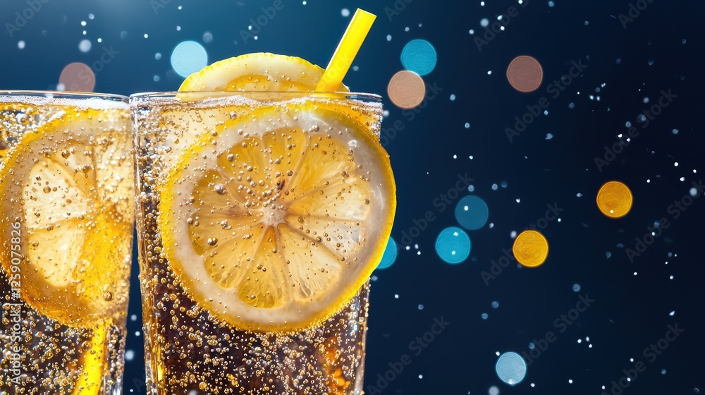 Poster refreshing sparkling beverage with lemon and bokeh background