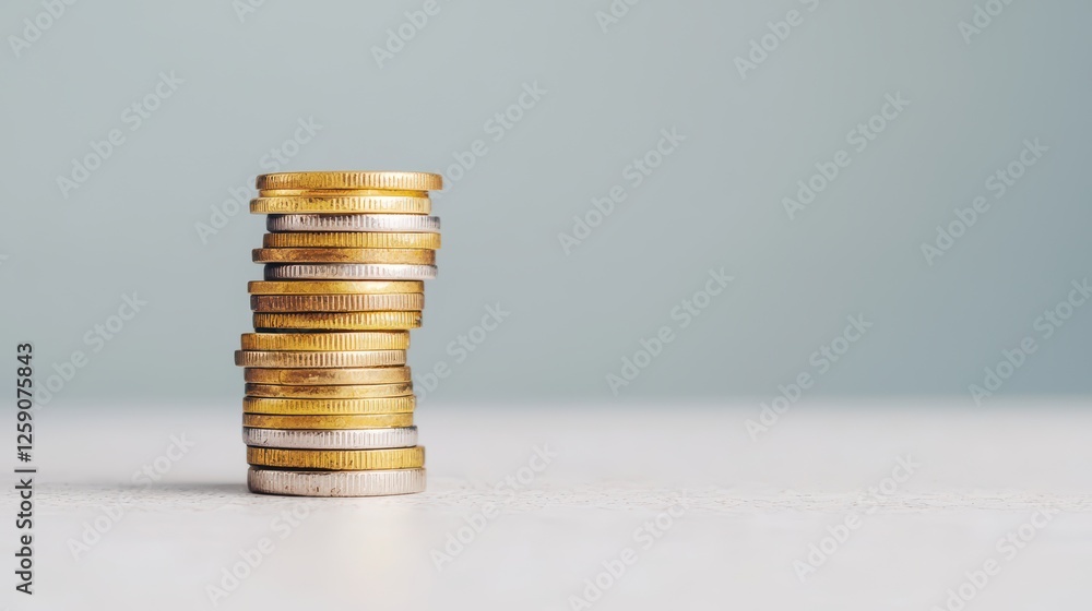 Poster stack of gold coins on a light surface with soft background
