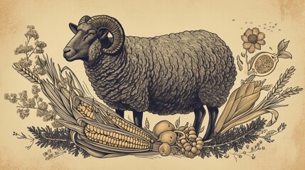 A beautifully detailed vintage-style illustration of a black sheep surrounded by botanical elements such as corn, leaves, and herbs. The aged paper texture adds to its antique appeal. AI generated.