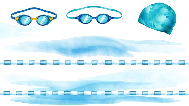 Swimming Pool Accessories Goggles Cap Lane Lines Watercolor
