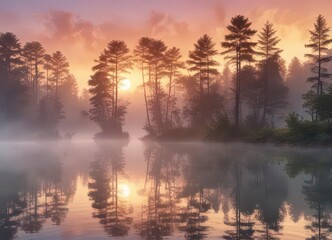 Fototapeta premium Watercolor texture overlay on a serene lake scene at sunset with trees and mist , sunset, texture