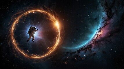 An astronaut drifts through the vastness of space enveloped by vibrant galaxies and radiant rings capturing the essence of exploration and wonder