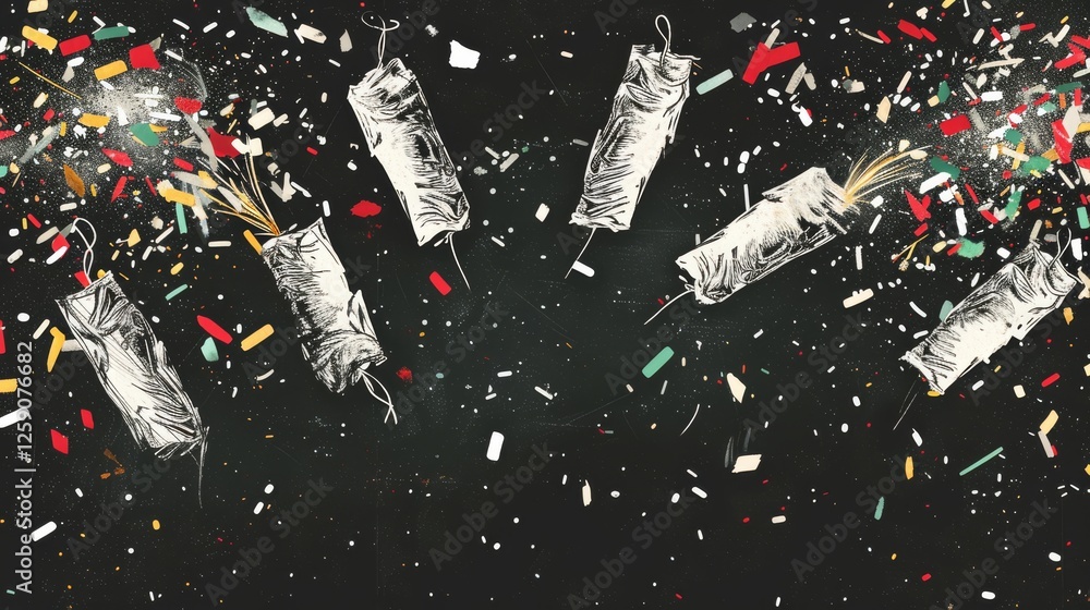 Poster a striking digital artwork featuring monochrome party crackers exploding against a dark background, 