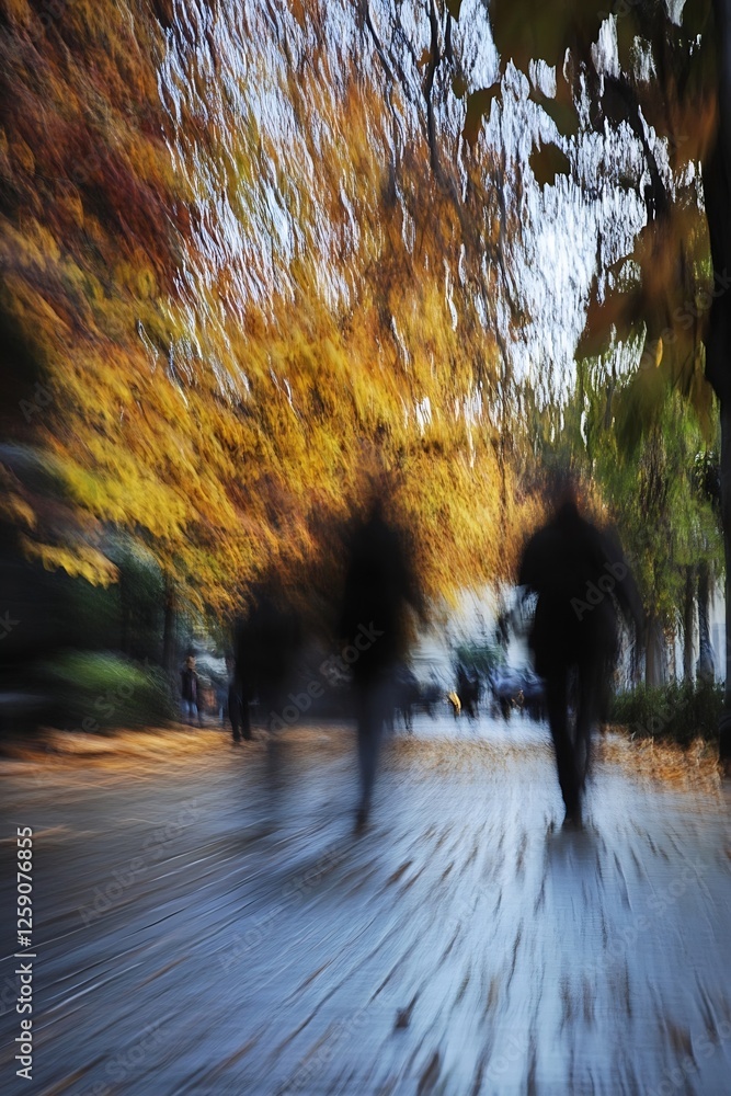 Poster blurry image of people walking under vibrant autumn trees in a park : generative ai
