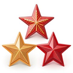 Obraz premium 3D Render Gold and Red Stars, Snowflake Design, Award Concept, 3D Modeling, Festive Stars Award, Star