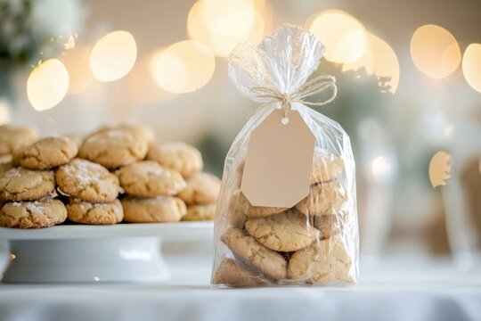  Festive cookie packaging mockup with blank label, cozy holiday bokeh lights, perfect for branding or marketing.