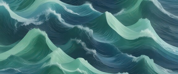 Obraz premium Wavy geometric patterns in shades of blue and green with stylized wave shapes overlapping each other, abstract design, green