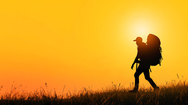 Silhouette of a backpacker on a journey, ideal for travel themes, adventure graphics, versatile use in designs and presentations. Silhouette Nomads. Illustration