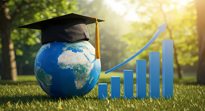 A 3D icon of a graduate with a cap and diploma, symbolizing global success and education, with a globe in the background, representing online learning and academic achievement, generative ai