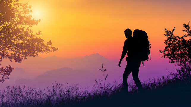 Silhouette of a backpacker on a journey, ideal for travel themes, adventure graphics, versatile use in designs and presentations. Silhouette Nomads. Illustration