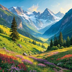 Fototapeta premium Alpine Meadow Landscape Vibrant Floral Valley, Majestic Snow-capped Peaks, Golden Hour Composition, Nature Photography Landscape Photography, Mountain Scenery