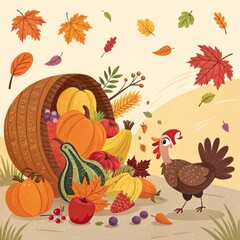 Autumn Harvest Cornucopia Composition with Turkey, Flat Illustration Style, Thanksgiving, Fall Leaves Thanksgiving, Fall Harvest