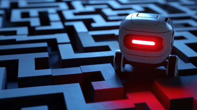 Robot navigating a complex maze, AI solving challenges in labyrinth