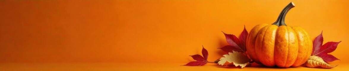 Black pumpkin typography on orange background with autumnal leaves and stems, autumn, halloween, orange