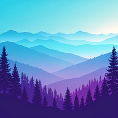 Blue and Purple Mountain Range Silhouette, Illustration, Peaceful Landscape, Nature Scenery Mountain Landscape, Art