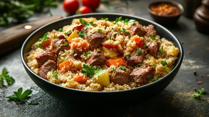 Traditional Moroccan couscous with lamb and vegetables. Featuring a flavorful and aromatic dish. Highlighting the texture and flavors of the couscous. Ideal for food and cultural themes.