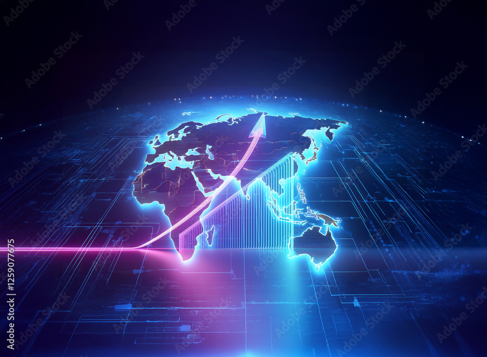 Poster double exposure art featuring a world map illuminated with neon lines and arrows on a digital circui