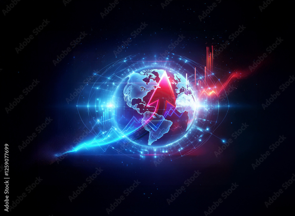 Poster futuristic double exposure image featuring a glowing globe encircled by digital lines and energy str