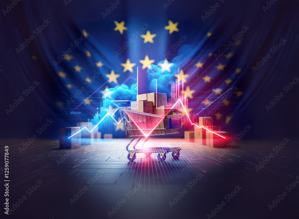 Poster double exposure art with eu flag backdrop, depicts a shopping cart with boxes and rising and falling
