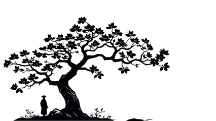 Black Child Under Blossom Tree Silhouette Against Beige Background