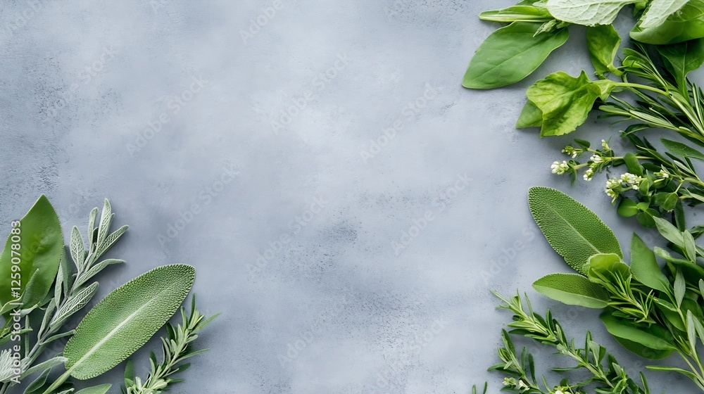Poster fresh green herbs on gray background arranged for culinary use : generative ai