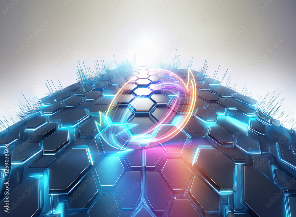 Poster double exposure of futuristic hexagonal structure with glowing blue lines and a colorful arrow overl