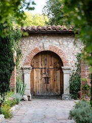 Naklejka premium Charming rustic wooden door framed by greenery and stone wall in beautiful garden setting : Generative AI