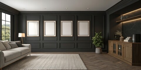 Dark Modern Living Room Four Framed Prints, Herringbone Floor, Mockup, Interior Design Interior Design, Modern Living Room