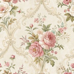 Elegant Baroque Floral Seamless Pattern Pink Roses and Ornate Design,Wallpaper,Textile Floral pattern, Baroque design