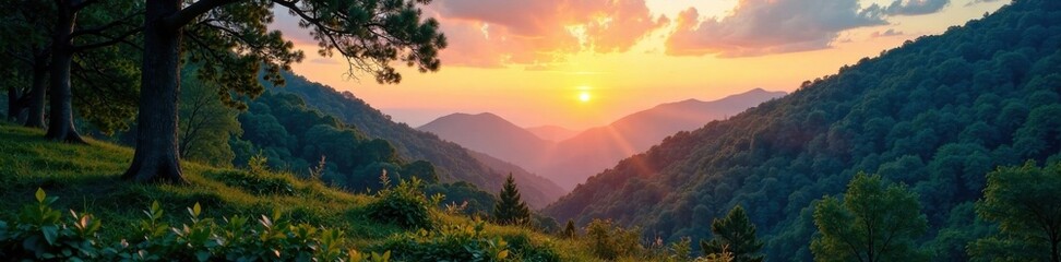 Obraz premium Blue and green forest landscape at sunset , forest, sunset, tree