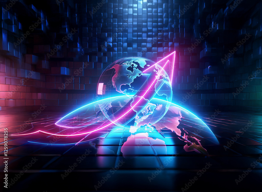 Poster double exposure effect showing a glowing globe and upward arrow against a futuristic grid background