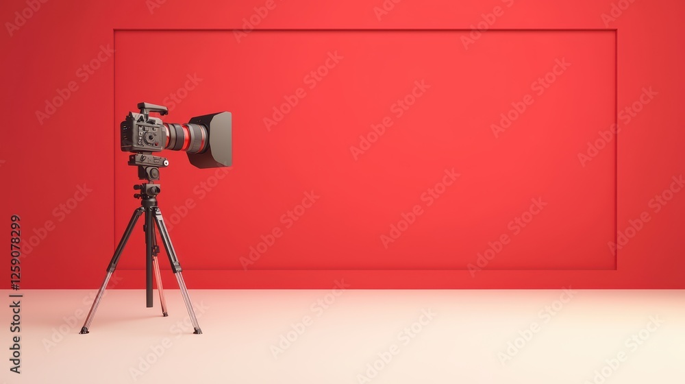 Poster vintage camera setup on red background with minimalistic design