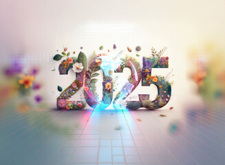 Floral numbers "2025" showcase a double exposure effect, blending vibrant flowers and leaves. A soft, bright background complements the natural, decorative design.