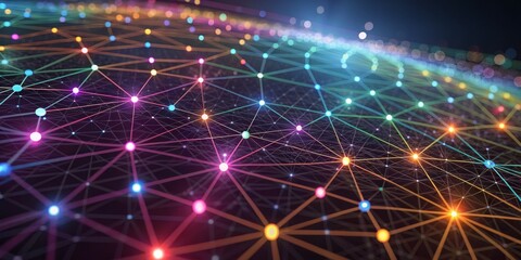 Obraz premium Global Network Colorful Nodes and Connections, Digital Connectivity, Abstract Background Network, Connectivity