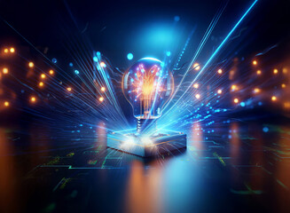 Double exposure artwork showing a vibrant light bulb emitting bright rays and energy, creating a futuristic and dynamic visual.