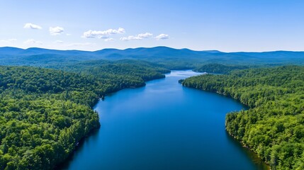 Fototapeta premium Breathtaking Aerial View of Lush Forested Mountains Surrounding a Serene Blue Lake : Generative AI