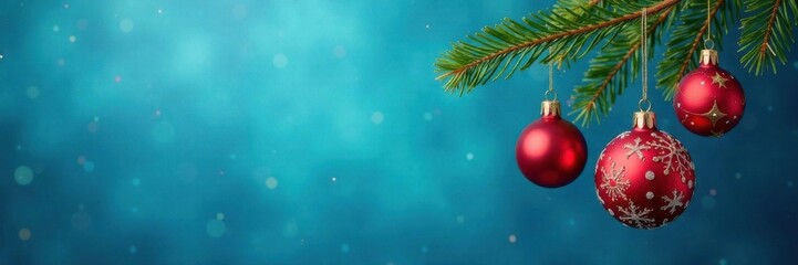 Blue background with Christmas ornaments hanging from a branch, glitter, ornaments, snowflakes