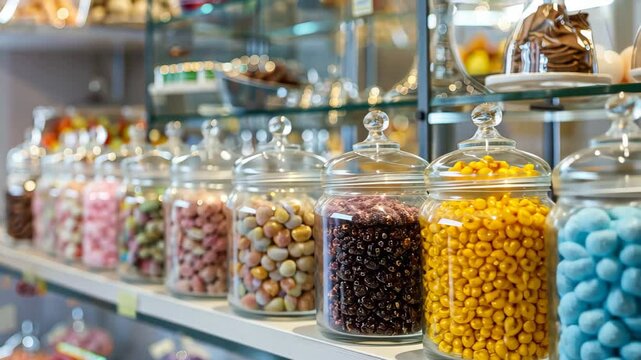Jars filled with colorful candies for sale in a store offer a glimpse into a confectionery shop's, Ai Generated