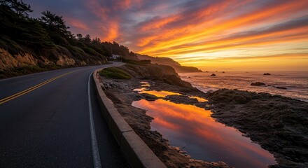 Coastal Road at Sunset with Dramatic Sky Reflection in Tidepool
