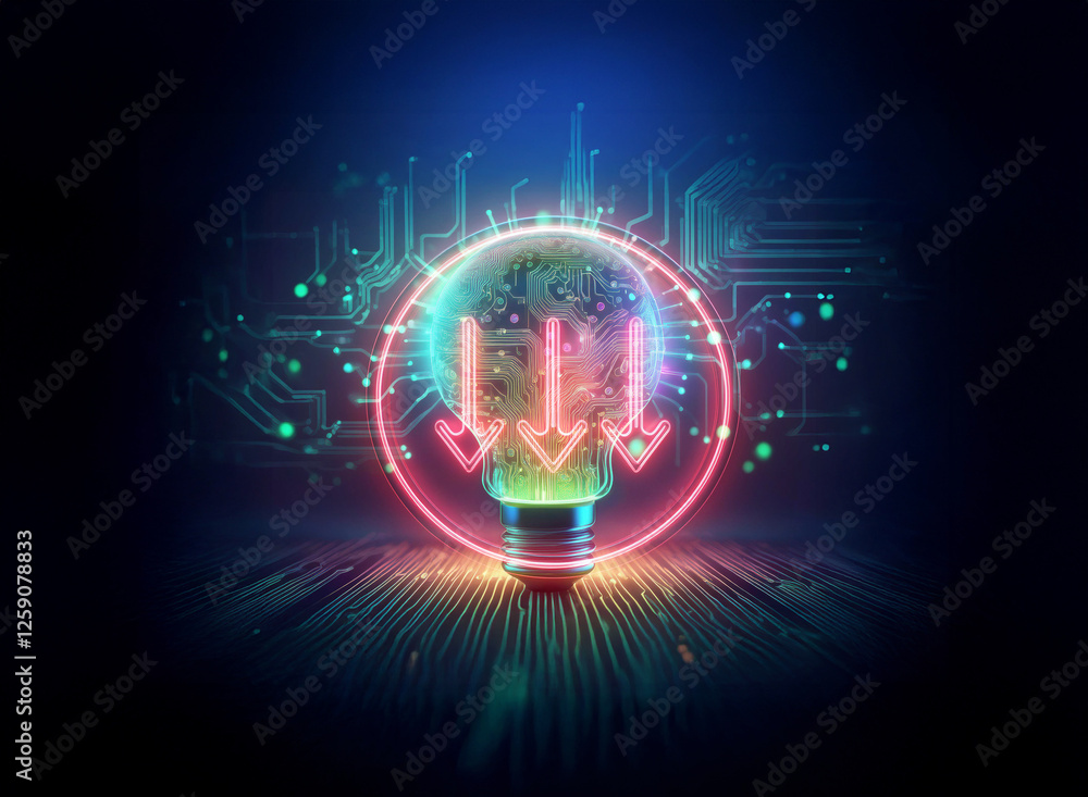 Poster a vibrant double exposure artfully merges a glowing lightbulb with intricate circuit patterns, creat