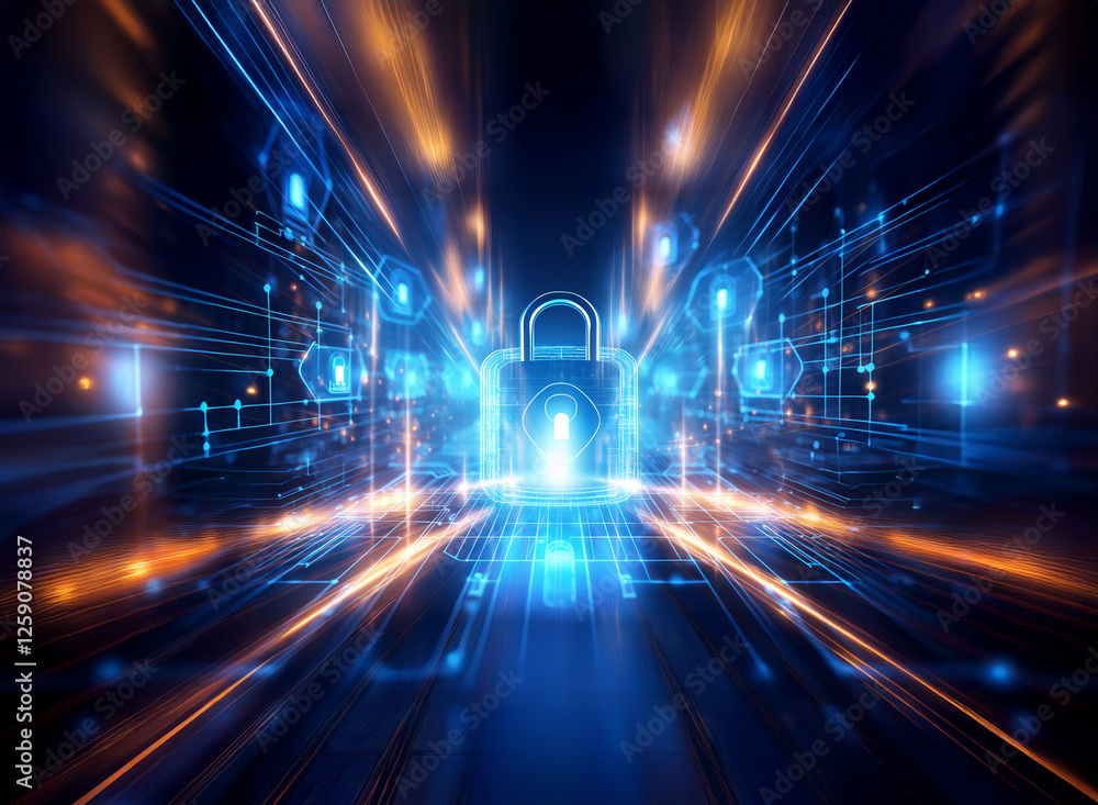 Poster futuristic double exposure of a glowing padlock amidst digital lines and shapes, symbolizing secure 