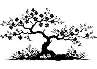 Black Cherry Blossom Tree Silhouette Against White Background