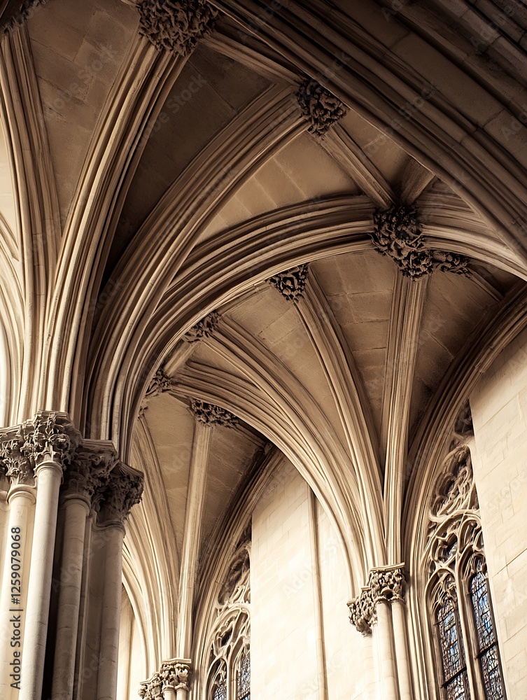Poster intricate gothic architecture featuring detailed arches and decorative columns in historic cathedral