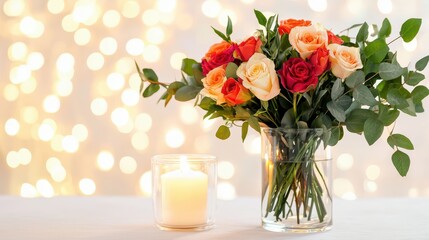 Naklejka premium Romantic Flower Bouquet with Candles and Soft Bokeh Background
